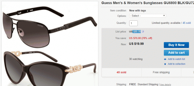 이베이 – 게스 남녀 선글라스 $89.99 => $19.99