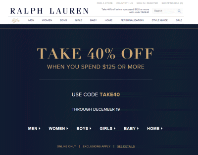폴로 랄프로렌 (Ralphlauren) 40% 할인 쿠폰, 전체 무료 배송 쿠폰
